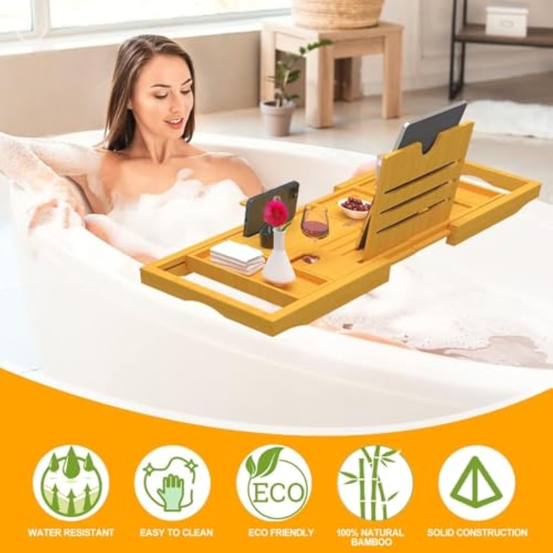 Premium Bamboo Bath Tray – Expandable Bath Caddy Tray- Adjustable Bathtub Tray Caddy,Fits Most Bathtub Sizes