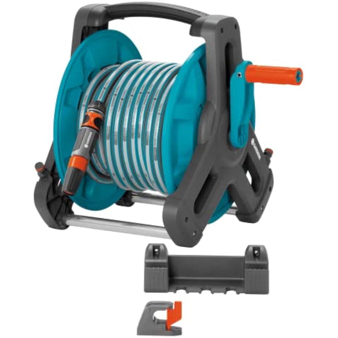 Gardena Classic wall-fixed Hose Reel 50 Set: Mobile hose reel, wall-mountable to save space and can be removed at any time, with a 20-m hose, spray nozzle, and system parts (8009-20), Multicolour