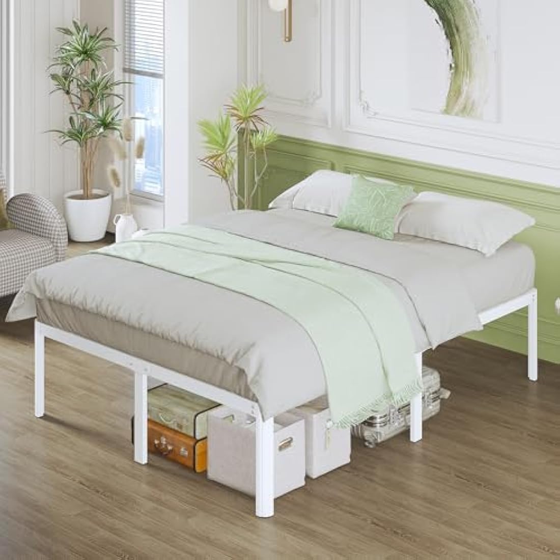 Lutown-Teen High White King Size Bed Frame 5ft with Rounded Corners, Heavy Duty Metal Bed Frames King Size with Steel Slats, 46 cm High, Ample Space Under-bed, Noise Free, Easy Assembly