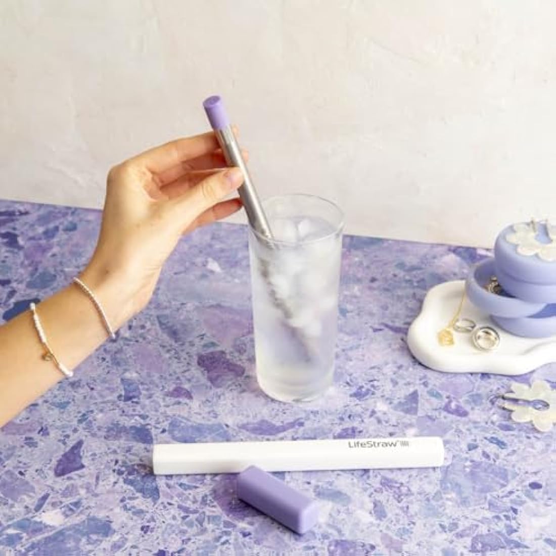 LifeStraw Sip – Reusable Stainless Steel Water Filter Drinking Straw with Carry Case, Removes Microplastics, Bacteria and Parasites for Travel and Everyday Use, Thistle Purple