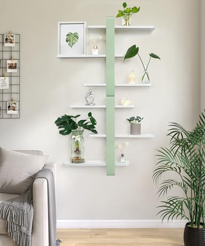 SUMGAR Floating Shelves for Wall Mounted Shelf Unit White Green All Pine Wood 50CM 3 Tier Large Rack for Bedroom Living Room Office Bathroom Home