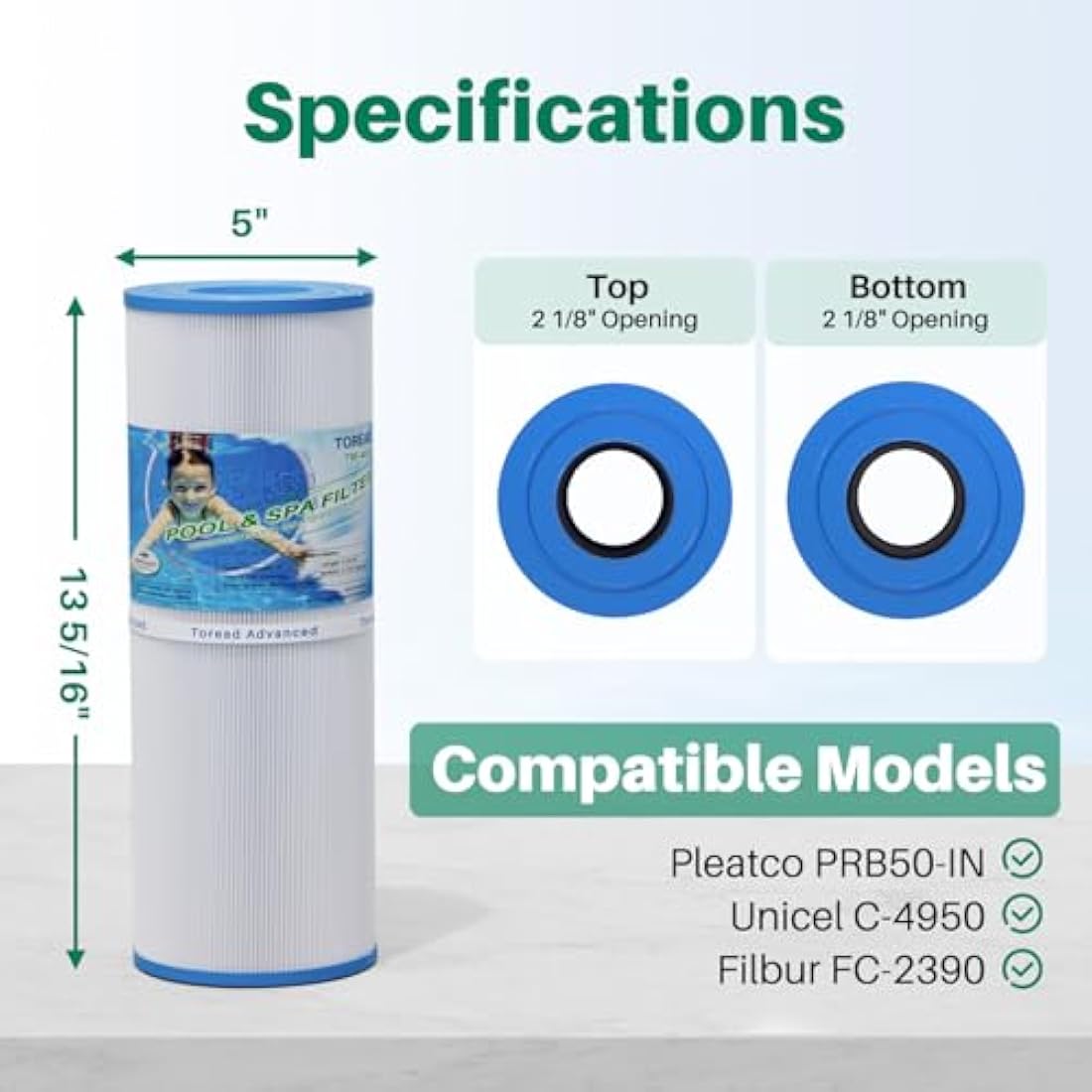 TOREAD TRF-4950 Spa Filter replacement for Unicel C-4950, Pleatco PRB50-IN, Guardian 413-212-02, Filbur FC-2390, 373045, 03FIL1600, 17-2380, J210/J220/J235/J245/J275, 5X13 Hot Tub Filter, 2Pack