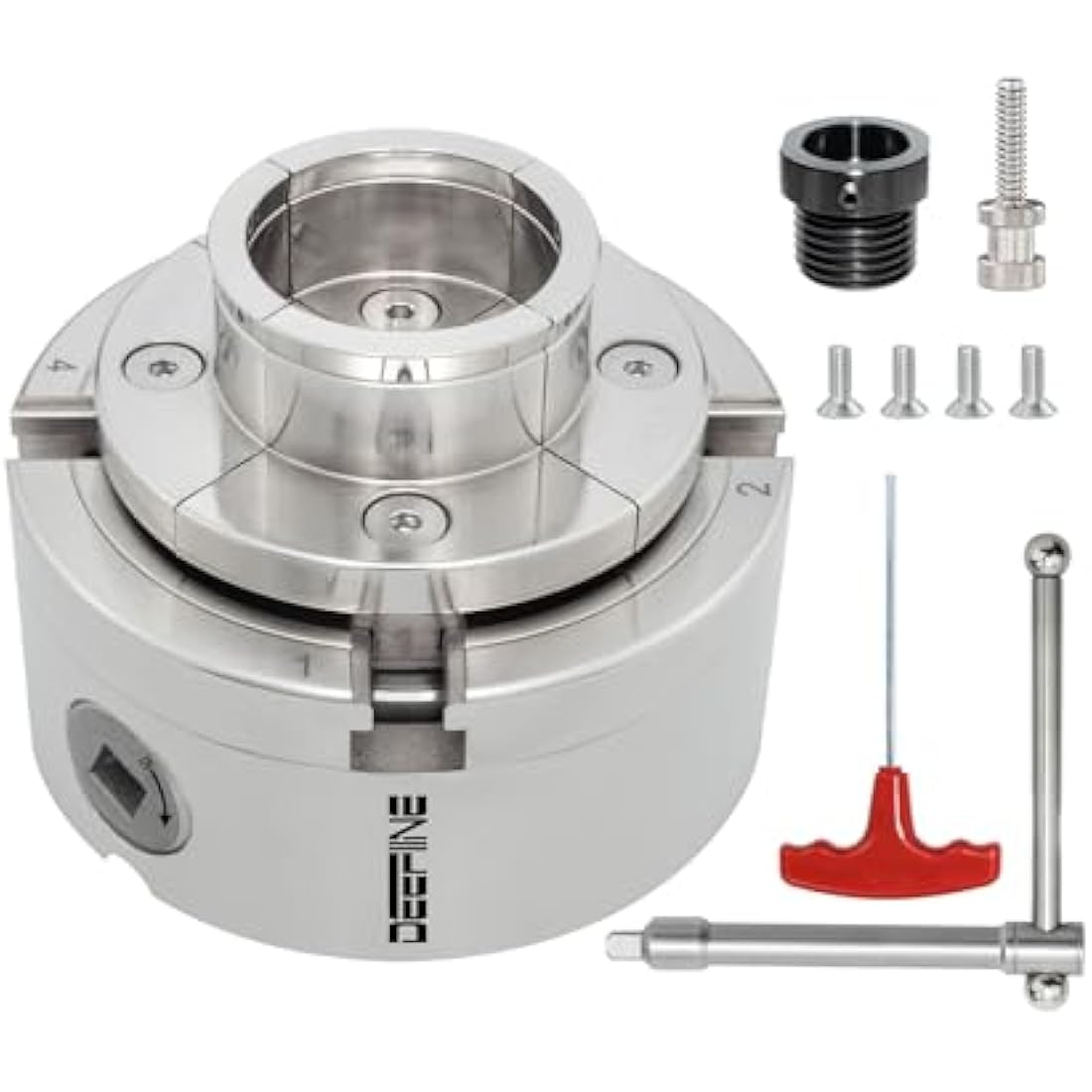 DEEFIINE 4 Inch Wood Lathe Chuck Set 1" x 8TPI Thread & 3/4" x16TPI Adapter, Nickel Plated Self-Centering 4 Jaw Wood Turning Chuck.(1 jaw)