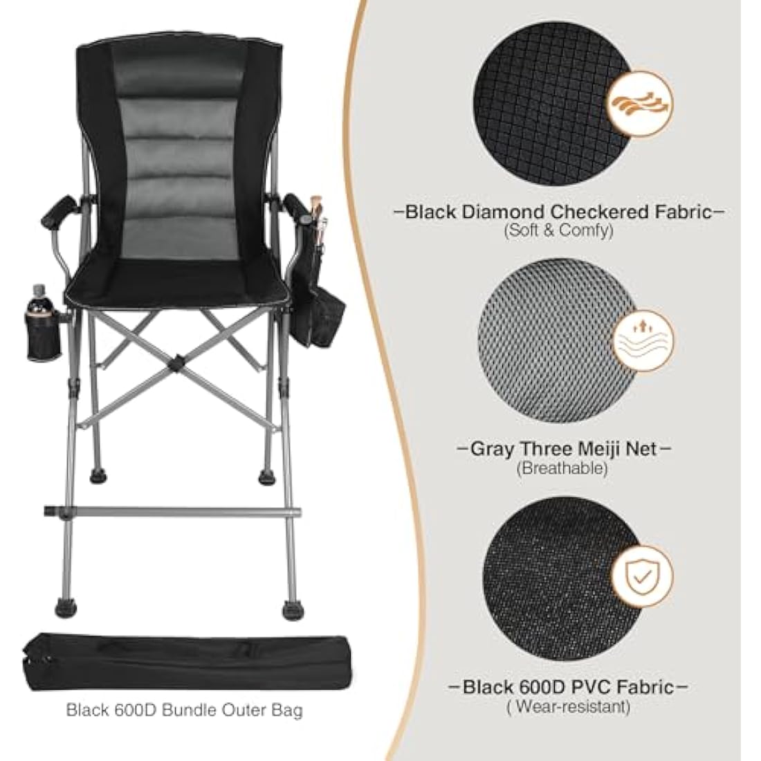 REDCAMP Tall Folding Chair with Footrest, Portable Artist Makeup Chair with Storage Side Bags, High Directors Chair for Camping, Heavy Duty Supports 300 lbs(Black gray)