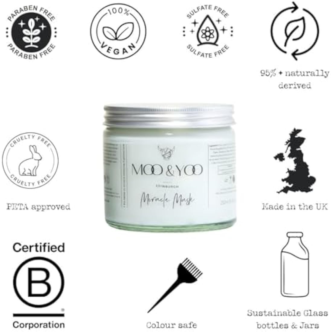 Moo & Yoo Miracle Hair Mask - Marula Oil & Wheat Protein - Hair Masks for Dry Damaged Hair - Vegan & Cruelty Free Hair Treatment - 250ml Recyclable Glass Jar