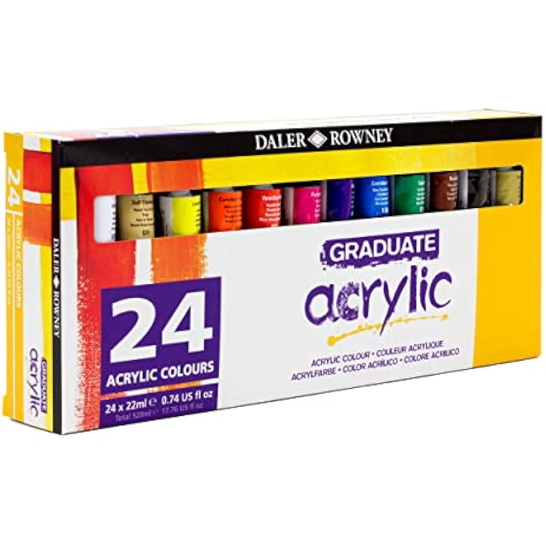 Daler-Rowney Graduate 22ml Acrylic Paint Set, 24 Assorted Colours, High Lightfastness, Water-Based, Solvent-Free, Ideal for Student Artists & Hobbyists