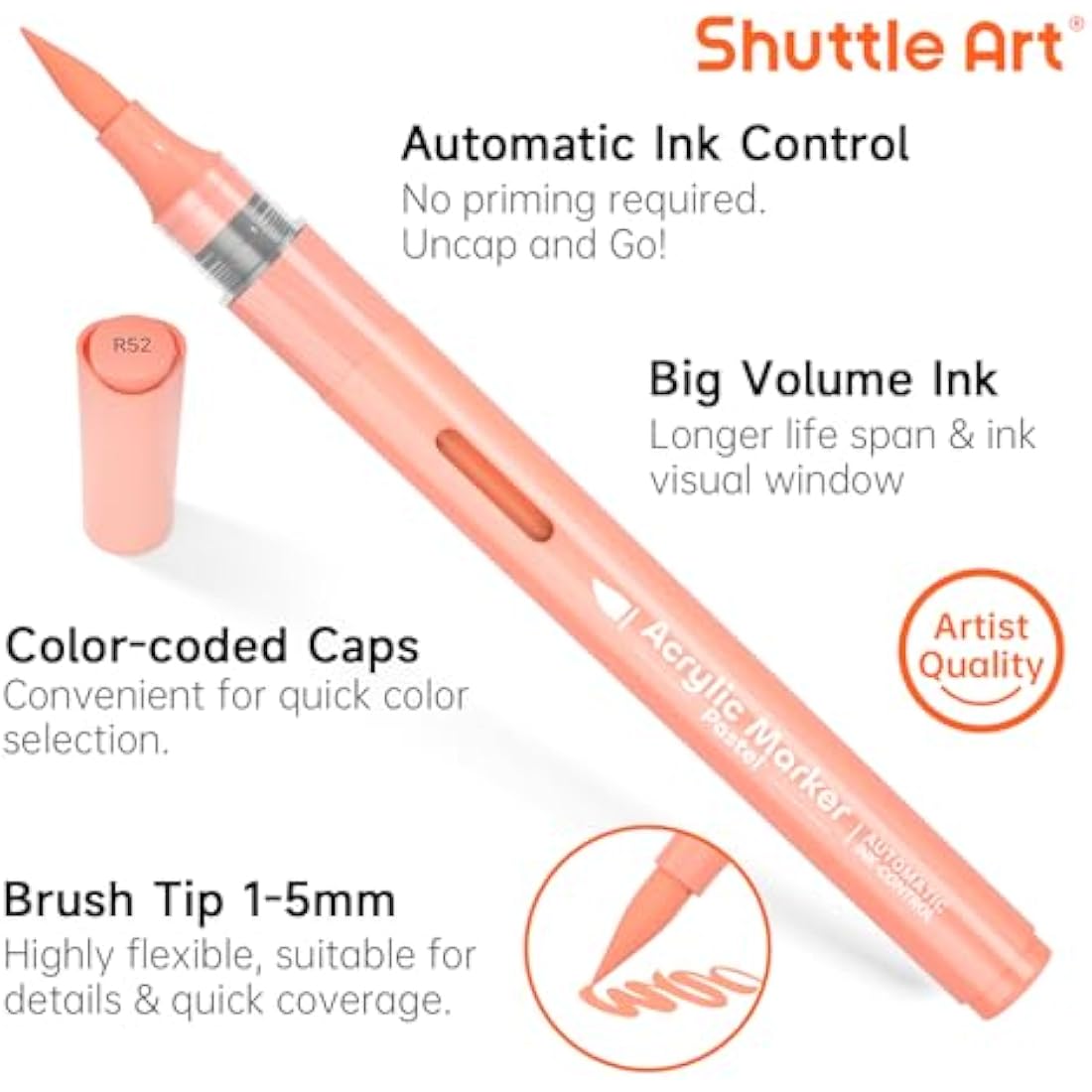 Shuttle Art Automatic Ink Control Acrylic Paint Pens, 24 Pastel Colours Brush Tip Paint Marker Pens, Paint Pen for Rock Painting Ceramic, Wood, Glass, Stone, Art Marker Pen Set for DIY Art Supplies