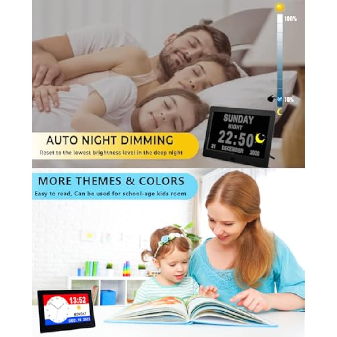 Véfaîî Newest,Dementia Clock 2.0 with Auto DST, 20 Custom Reminders, Day Clock with Sun/Moon icons for Elderly, Sleep Trainer, 7" with Remote & HD Picture Frame