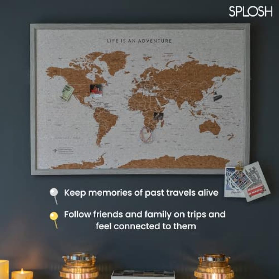 Splosh Large Maps. World Map Pin Board in Grey, Wooden Frame. World Map Cork Board with 100 Pins in 2 Colours to Mark Your Past and Future Adventures. Framed World Maps for Wall. (Grey)