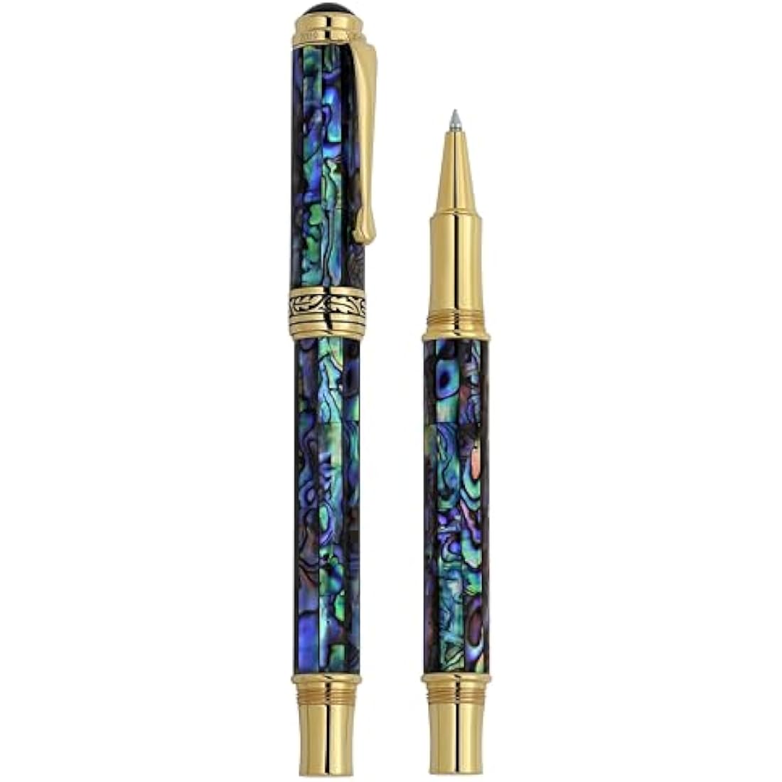 Xezo Maestro Fine Point Rollerball Pen, Iridescent Paua Sea Shell with 18 Karat Gold Plating. Handmade, Limited Edition, Serialized. No Two Alike