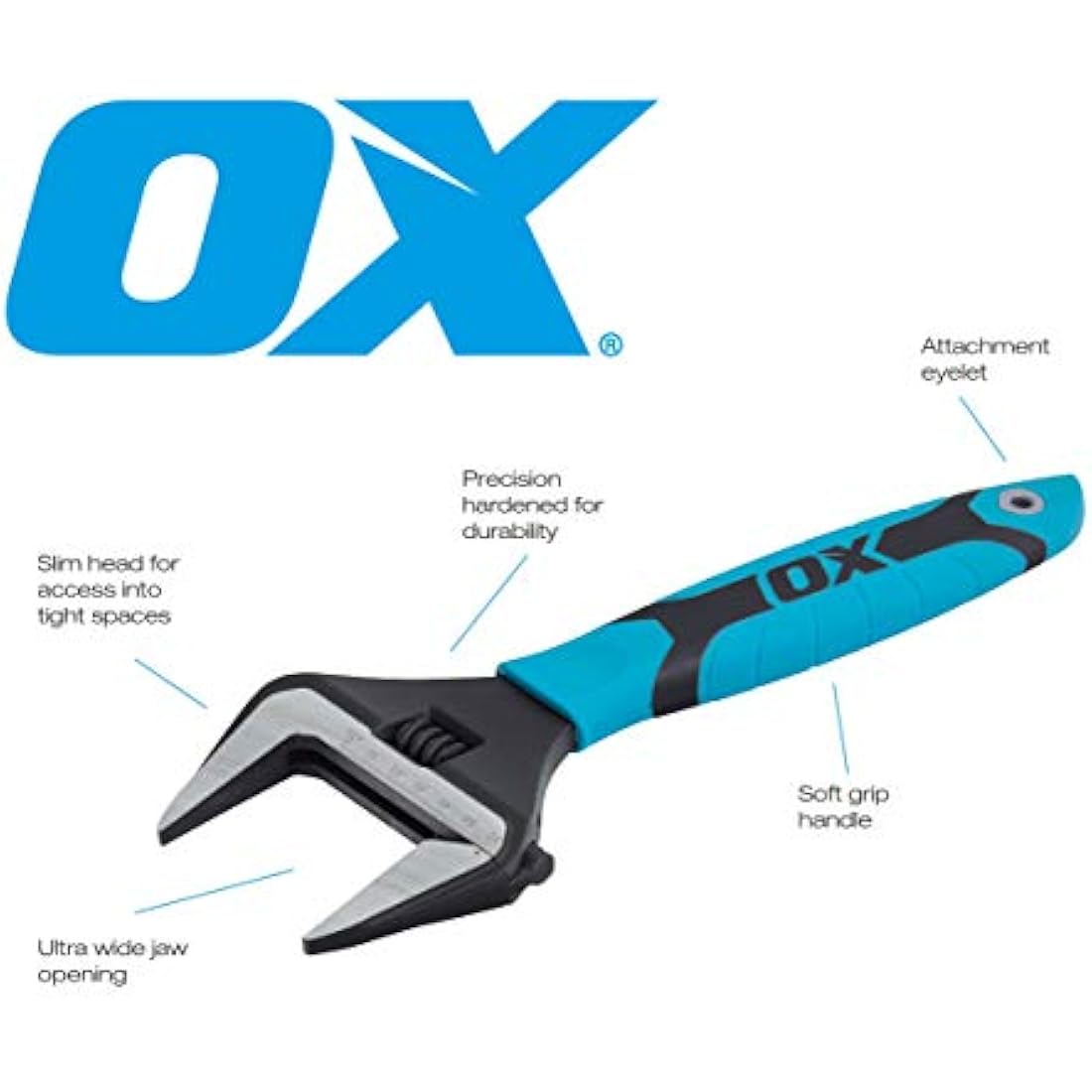 OX OX-P324612 PRO Series Adjustable Wrench, Extra Wide Jaw - Adjustable Plumbing Spanner with Dura Grip Soft Grip Handle - Multifunctional tool, 60mm