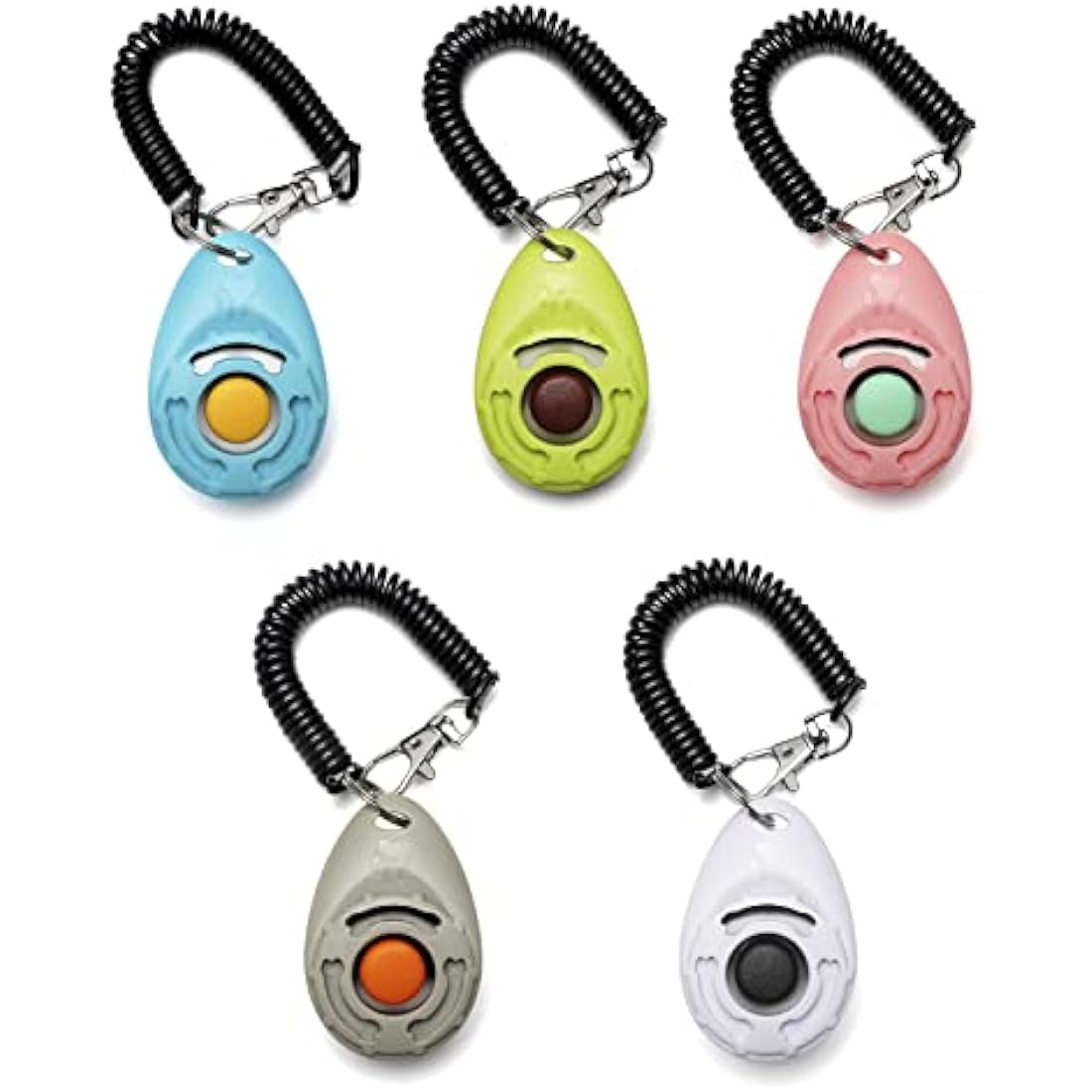 Toozey Dog Clicker, Pack of 5 Clickers with Wrist Strap, Clicker with Large Button, 5 Colours, Bonus E-Book (White+Grey+Pink+Blue+Green)