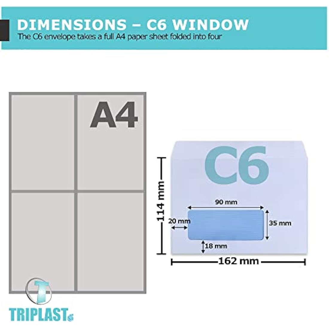 Triplast 500 x C6 Window Self Seal Security Envelopes (Size: 114x162mm) | Address Window, Self Sealing & Printer Safe Mailing Paper Envelopes | Ideal for Everyday Home, Office & Commercial Use