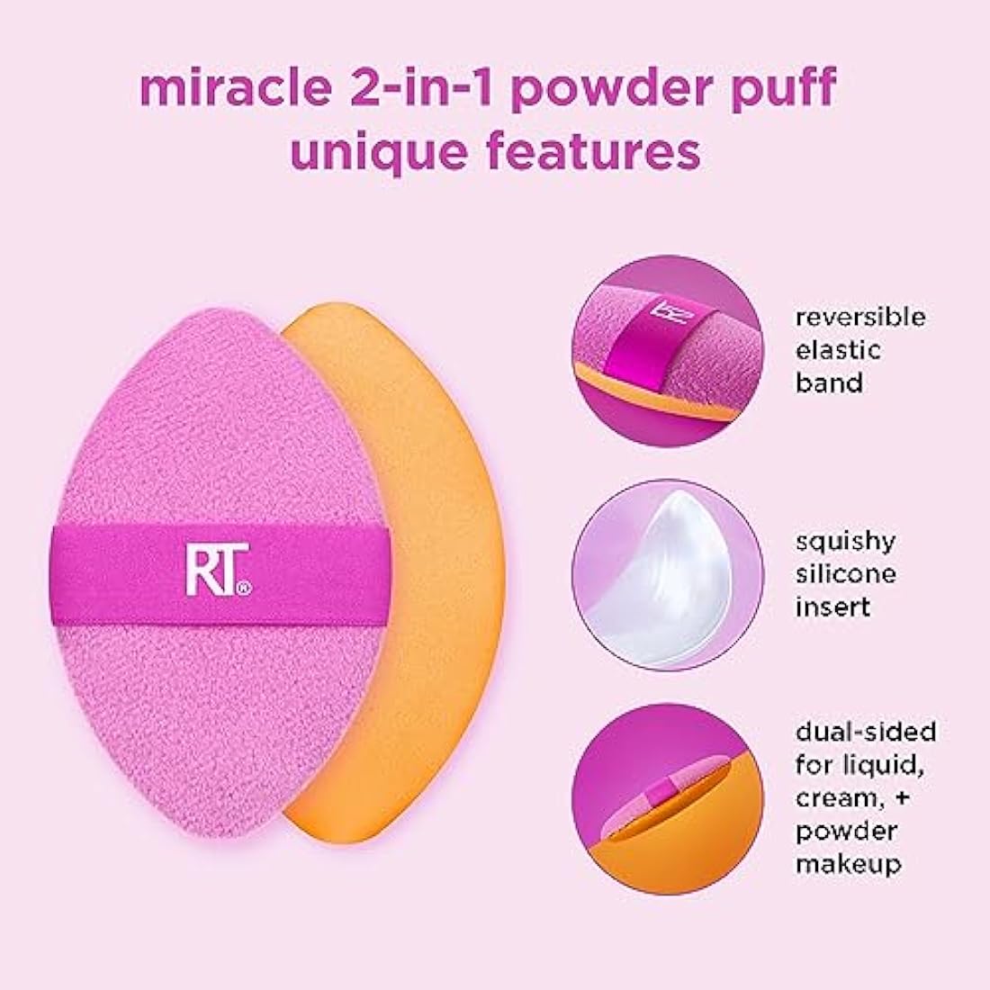 Real Techniques Miracle 2-In-1 Powder Puff, Dual-Sided, Full-Size Makeup Blending Puff, Reversible Elastic Band, Precision Tip Makeup Sponge and Powder Puff, For Liquid, Cream and Powder, 1 Count