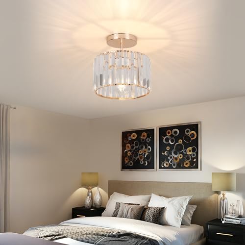 ZYDTRIP Crystal Ceiling Light Fixture Semi Flush Mount Ceiling Lamp Modern Gold Crystal Chandelier for Living Room Hallway Dining Room Kitchen