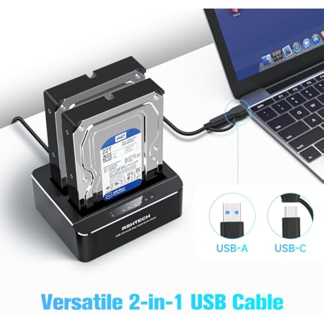 RSHTECH Hard Drive Docking Station Dual Bay, Aluminum External 2.5 & 3.5 inch SATA HDD/SSD Enclosure , USB 3.0 Type-C/A to SATA HDD Caddy, Supports UASP, Offline Clone, Tool-Free, 2x 22TB (RSH-DS01C)