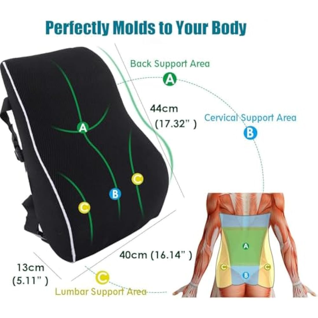 QUTOOL Lumbar Support Pillow for Office Chair Car Memory Foam Back Cushion Large Back Support Pillow for Computer, Gaming Chair, Recliner Double Adjustable Straps