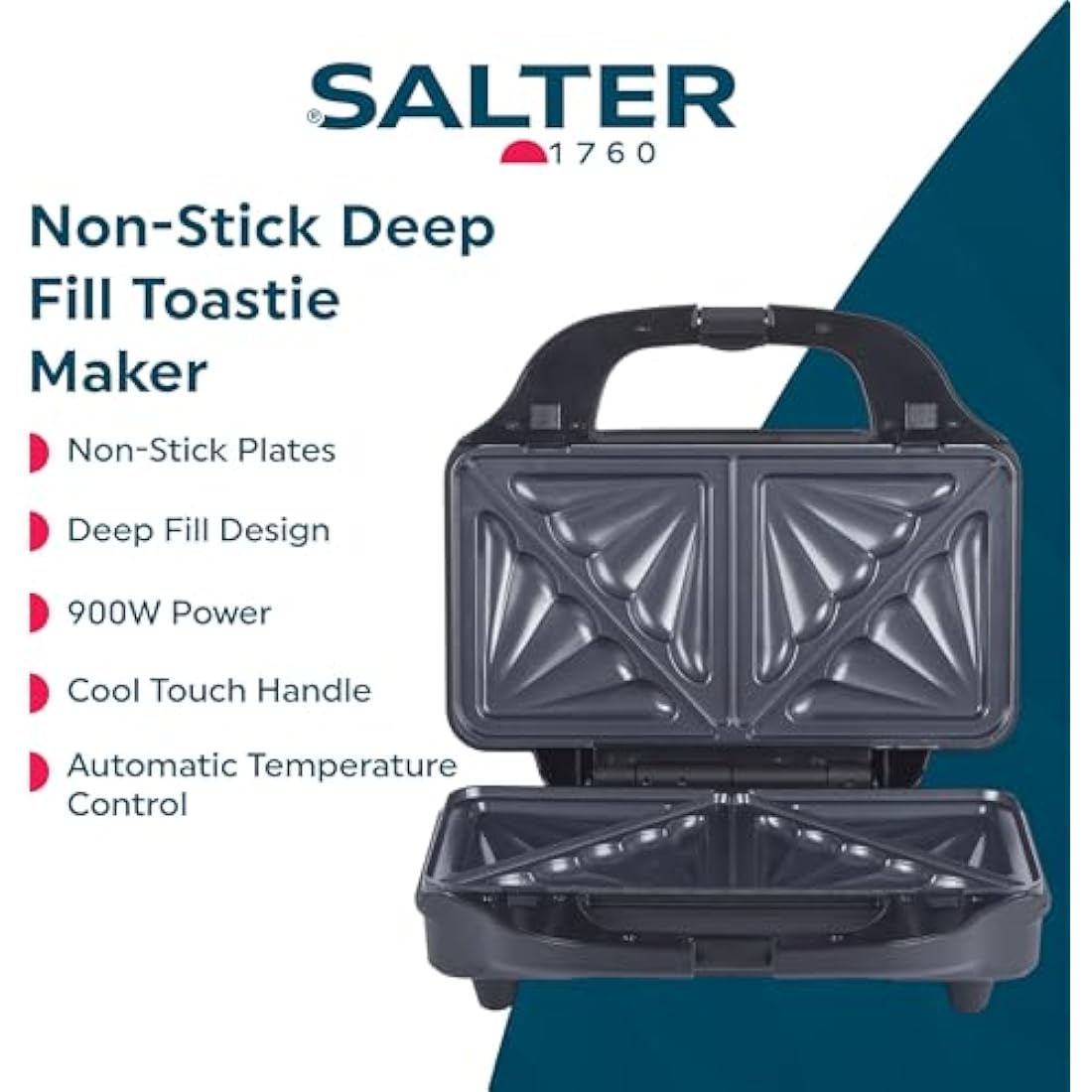 Salter Sandwich Toaster – Non-Stick, Deep Fill Toastie Maker, Cook 2 Toasted Sandwiches Together, 4 Slice Grill Press, Automatic Temperature Control, Cool Touch Handle, Easy Clean, 900W, EK2017