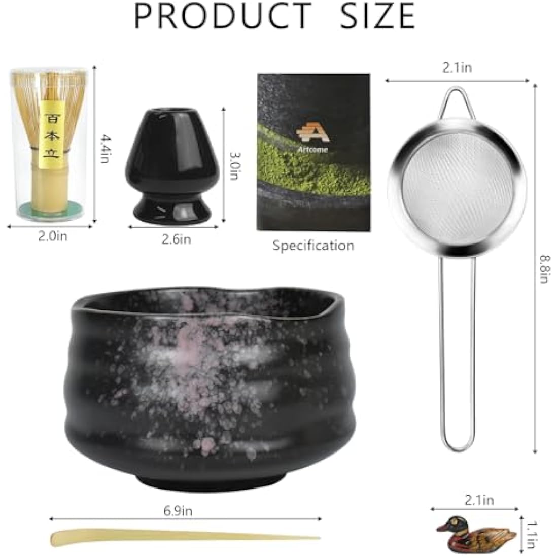 Artcome Matcha Ceremony Kit for Japanese Tea Ceremony, Traditional Matcha Bowl, Whisk, Tea Scoop, Matcha Powder Strainer, Matcha Tea Set for Making Usucha, Koicha and Matcha Latte (Black)