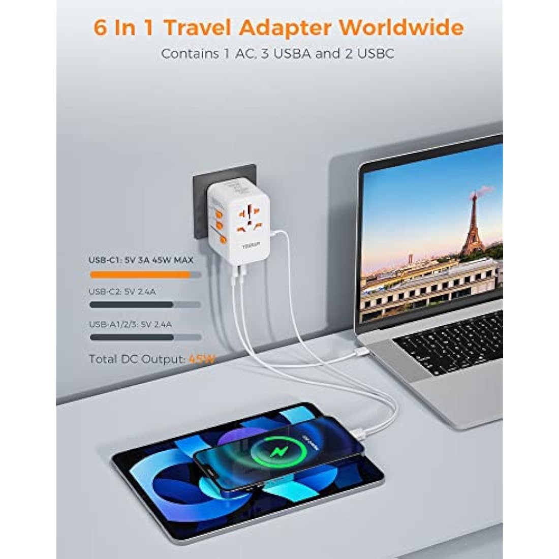 TESSAN Universal Travel Adapter Worldwide with PD 45W USB C Fast Charging, 6 in 1 Universal Plug Adaptor UK to World, International Travel Adapter for Multi Countries EU, USA, UK, AU, Thailand etc