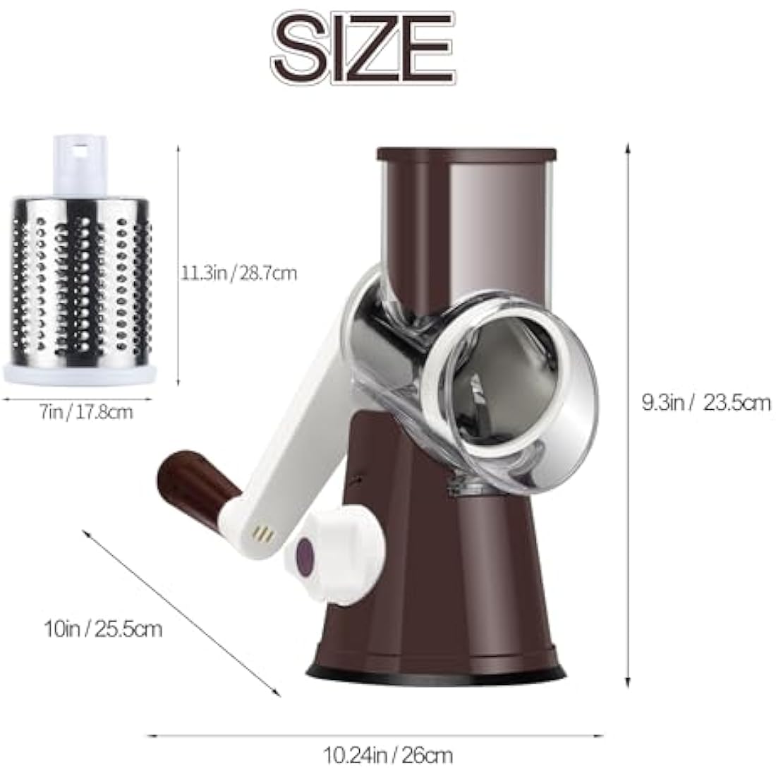 Ourokhome Rotary Cheese Grater Round Mandolin Slicer, Handheld Hashbrown Shredder with 3 Drum Blades, Kitchen Manual Speed Walnut Grinder for Potato, Carrot, Vegetables, Nuts, Zucchini (Coffee)