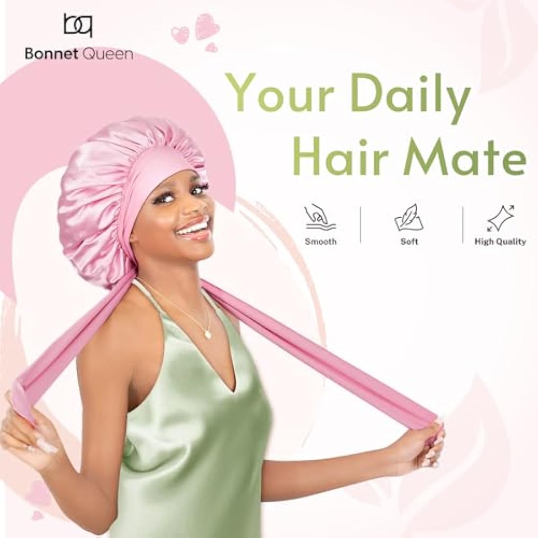 BONNET QUEEN Silk Bonnet for Sleeping for Curly Hair, Satin Bonnet Hair Wrap for Women & Men, Adjustable Silk Scarf Night Cap with Tie Band, Pink