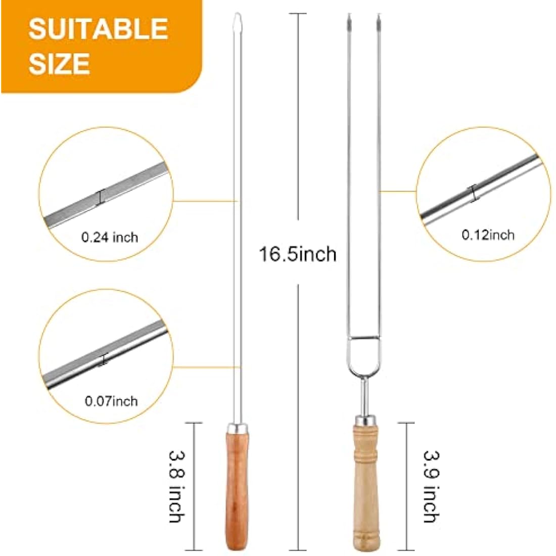 Skewers for Grilling, Stainless Steel BBQ Sticks with Wooden Handle 16 inch Kabob Skewer with Campfire Roasting Bag, 8 PCS (Wooden)
