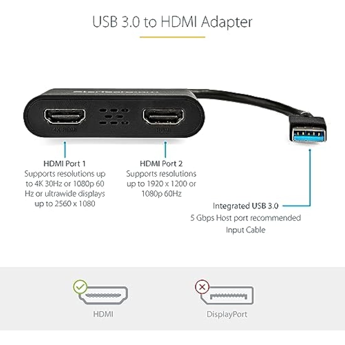 StarTech.com USB 3.0 to Dual HDMI Adapter - 1x 4K 30Hz & 1x 1080p - External Video & Graphics Card - USB Type-A to HDMI Dual Monitor Display Adapter - Supports Windows Only - Black (USB32HD2)