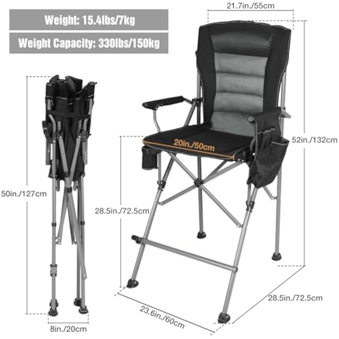 REDCAMP Tall Folding Chair with Footrest, Portable Artist Makeup Chair with Storage Side Bags, High Directors Chair for Camping, Heavy Duty Supports 300 lbs(Black gray)