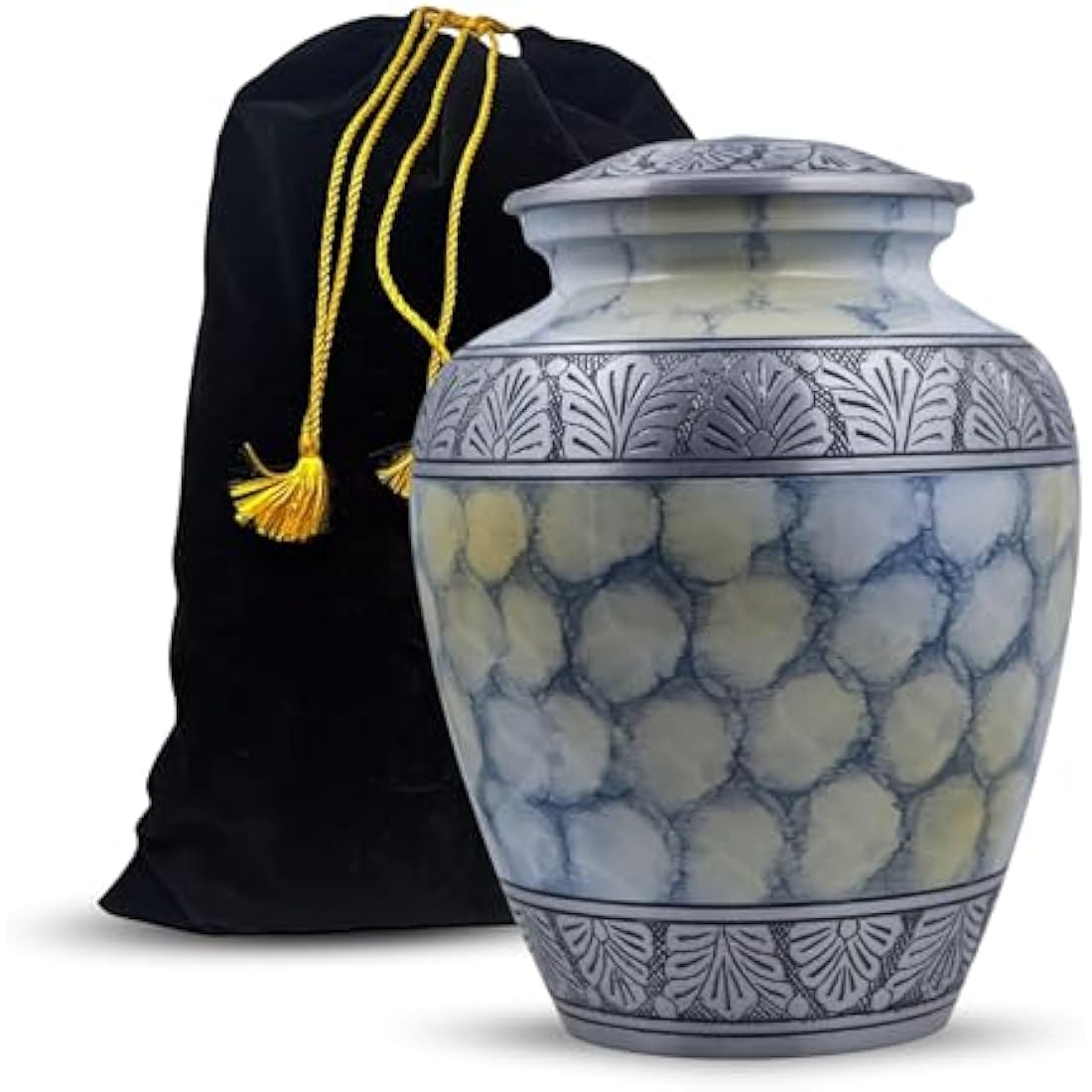 Silver Engraved Adult Cremation Urn for Human Ashes - Handcrafted Funeral Memorial Large Burial Urn (7.5" x 7.5" x 9.5"- 200lbs or 91kg, Cloud White) - Bag Included
