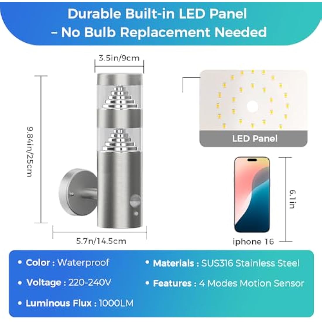 NBHANYUAN Lighting LED Outdoor Wall Light with 4 Modes PIR Sensor,SUS316 Stainless Steel Outside Wall Lamp for Garden,Enterway Wall Lights Fixture Mains Powered 220-240V 9W IP44 1000LM