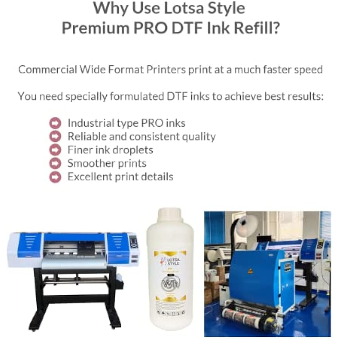 LOTSA. STYLE Premium PRO DTF Ink Refill for Inkjet Printers Heat Transfer Film Printing, Large and Wide Format Commercial Edition (1000ml, White)