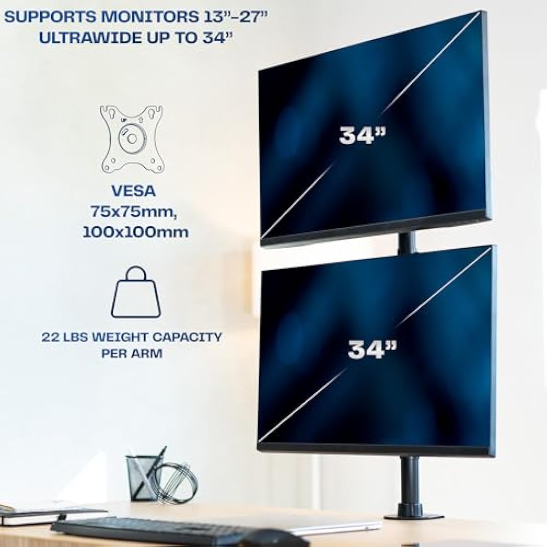 VIVO Dual Monitor Desk Mount Stand with Height Adjustment and VESA Plates for 2 LCD Ultrawide Screens up to 34 inches, Stacked Array, STAND-V002R