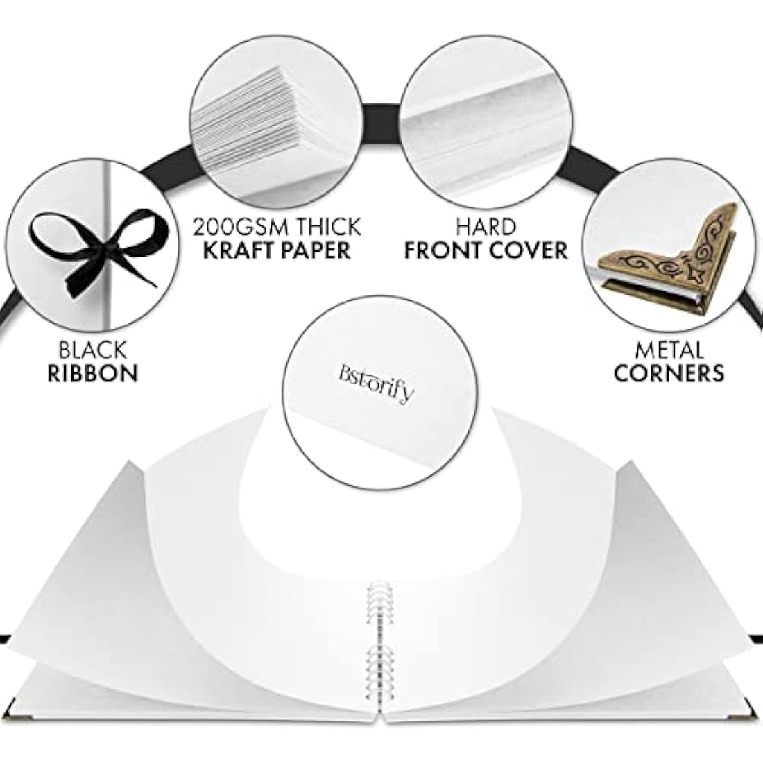 Bstorify Square Scrapbook Photo Albums 50 Pages (28 x 22 cm) White Thick Paper, Hardcover, Metal Corners, Ribbon Closure - Ideal for Your Scrapbooking Albums, Art & Craft Projects (White, 28 x 22 Cm)