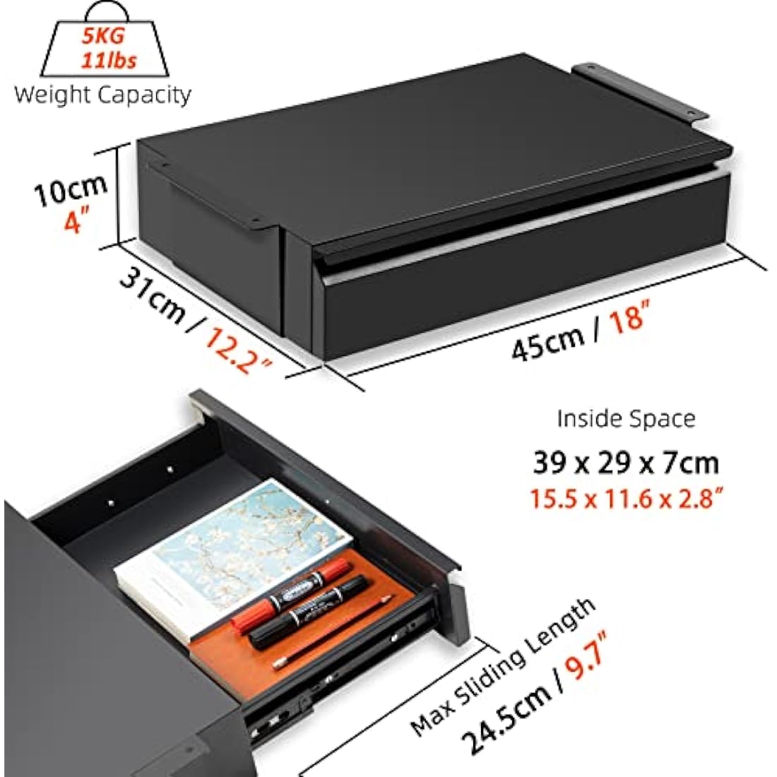 OSteed Large Under Desk Drawer 45cm Metal Black, Pull-out Shelf Organiser, Under Shelf Drawer with Large Slide Extension, Desk Extender Mount Under Flat Wooden Table or Workbench, Normal_Version