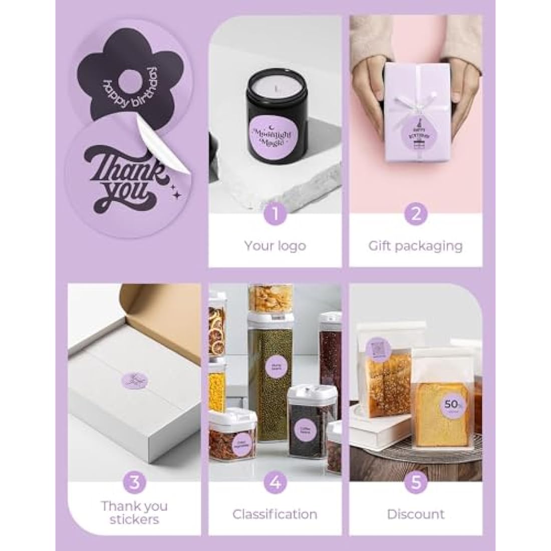 MUNBYN 50x50mm Purple Circle Thermal Sticker Labels, Self-Adhesive Round Direct Thermal Labels, Multi-Purpose Roll Sticker for DIY Logo Design, QR Code, Name Tag, Inventory-750 Sheet/1 Roll
