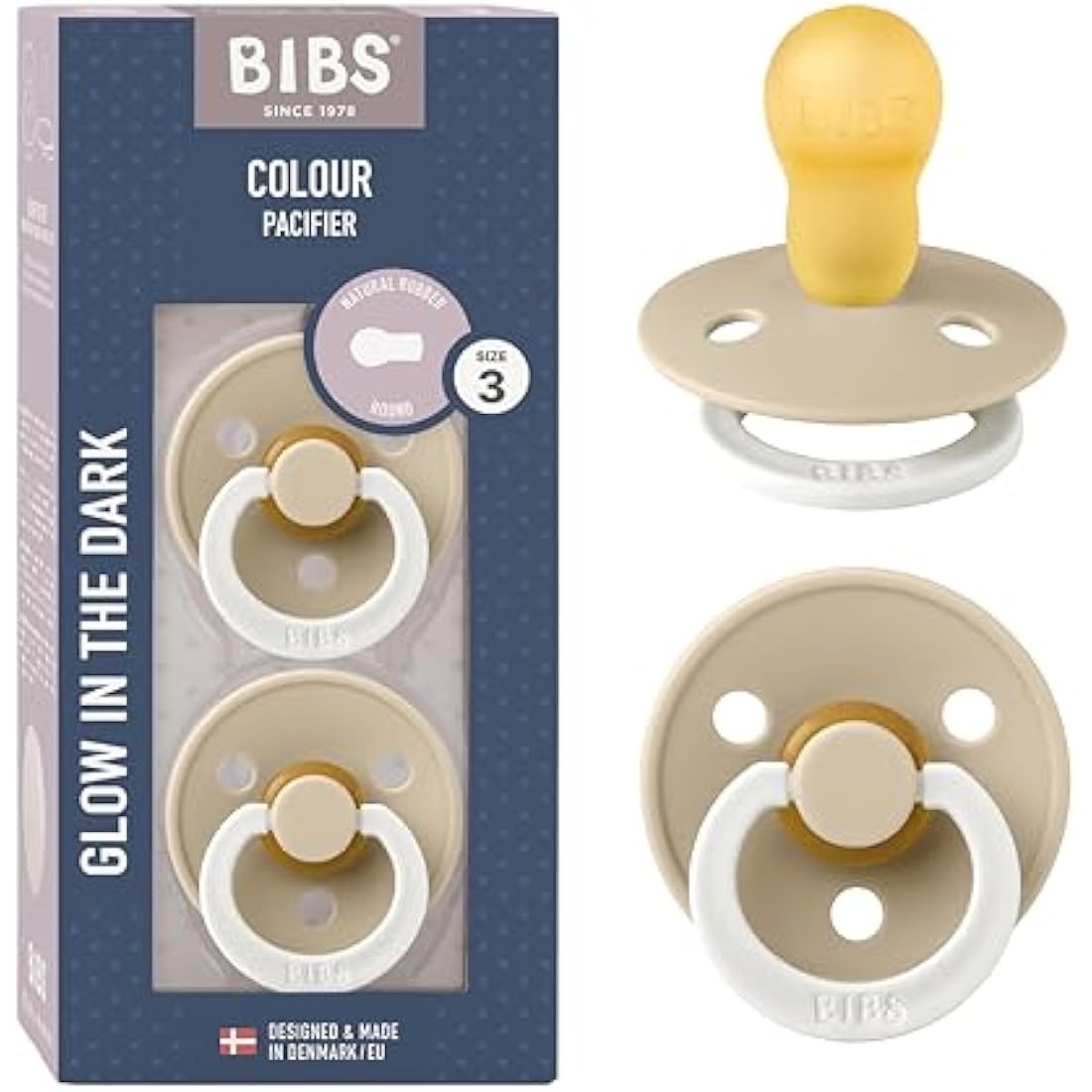 BIBS Colour Night Glow in The Dark Soother 2-Pack, BPA Free Dummy Pacifier, Round Nipple. Natural Rubber Latex, Made in Denmark, Size 3 (18+ Months), Vanilla Glow