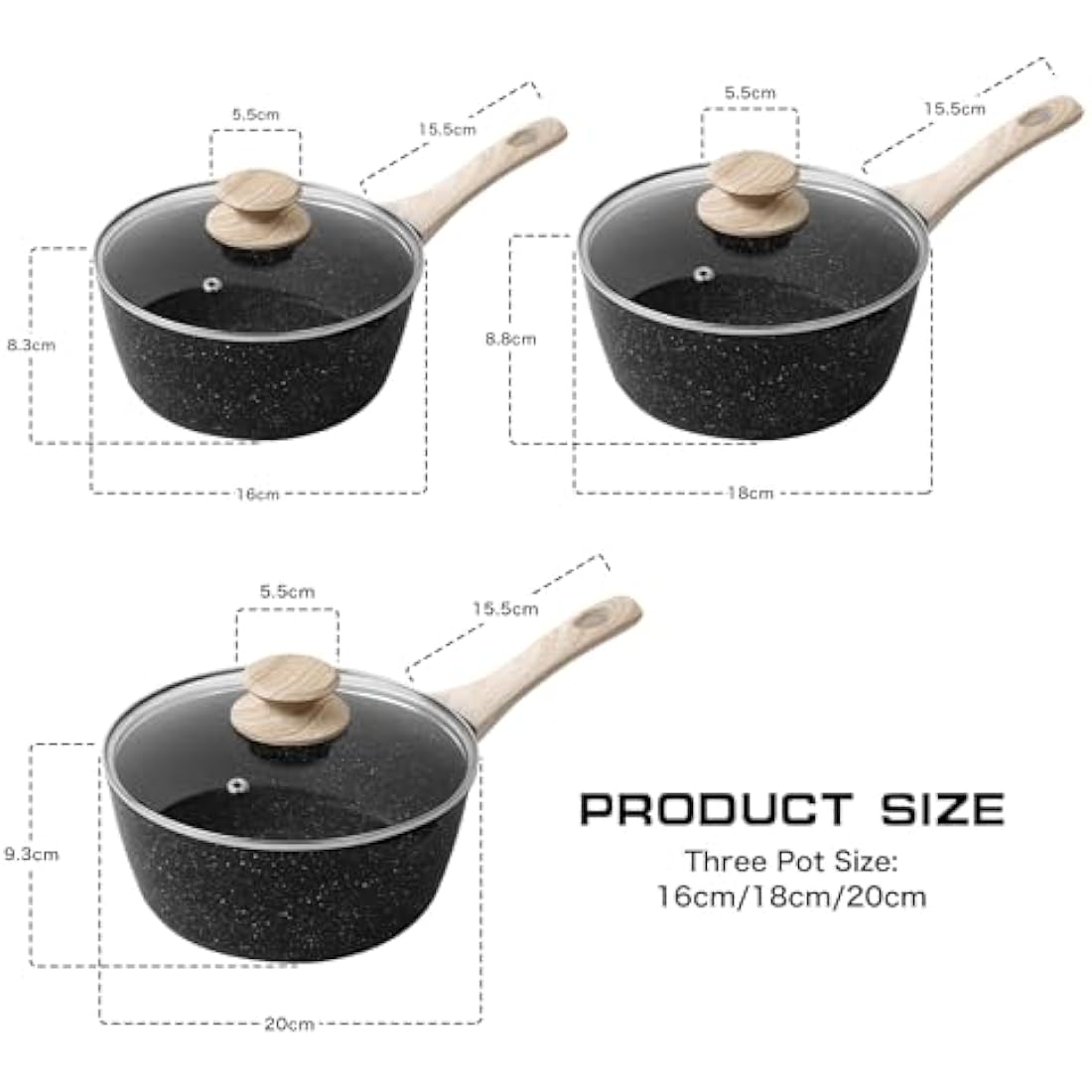 Rainberg Saucepan with Lid, Nonstick Milk Pan Suitable with Induction, Gas and Electric Hobs, Cooking Pot with Pour Spout. (Black, 3PK 16-18 & 20cm)