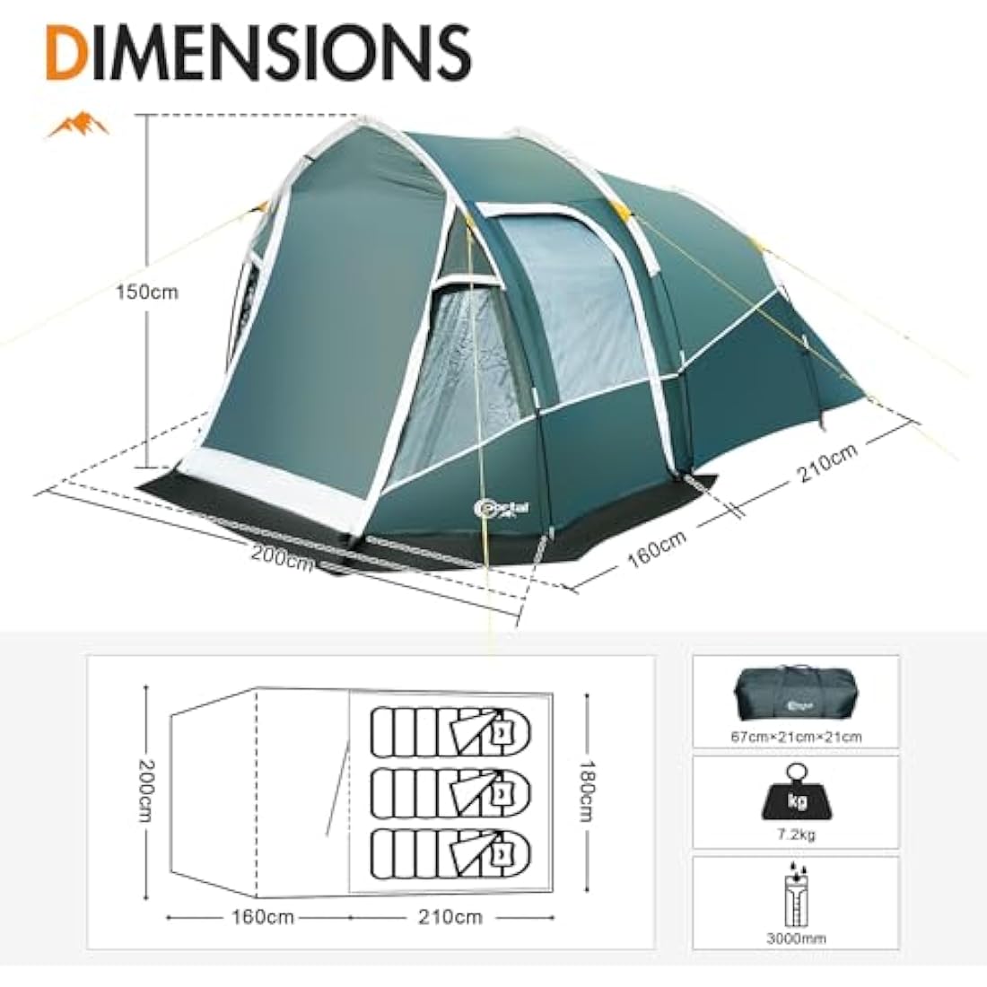 Portal 2-3 Man Tent Luxury 3000mm Waterproof with Porch Awning 3 Person Camping Tent with Sewn-in Groundsheet 2 Man with Bedroom Lightweight Tunnel for Festival Outdoor Hiking