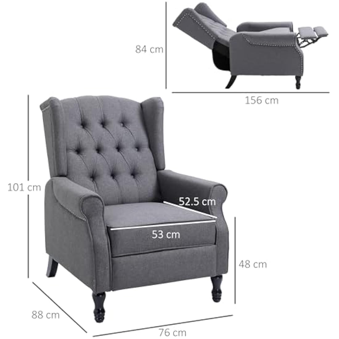 HOMCOM Recliner Armchair, Vintage Reclining Chair with Nail Head Trim, Wingback Chair with Button Tufted Back and Footrest, for Living Room, Light Grey