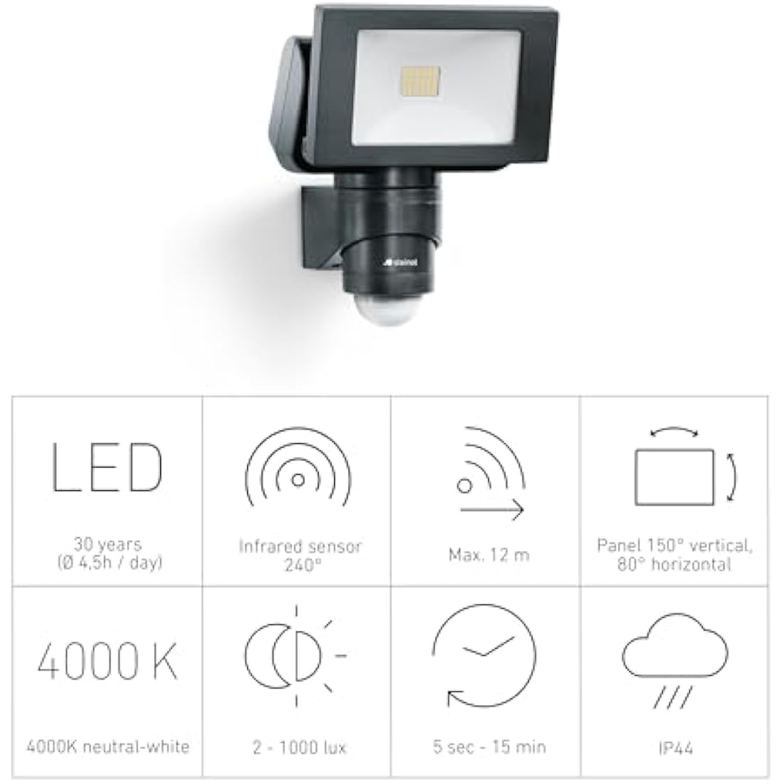 Steinel LED Outdoor Spotlight LS 150 S Black, 240° Motion Sensor Light, max. 12 m Range, 14.7 W, 4000 K, 1375 Lumen
