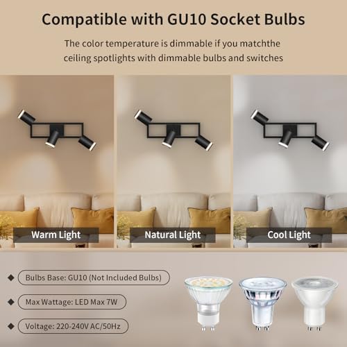 Dehobo GU10 Ceiling Lights LED Kitchen, Black Ceiling Spotlights 3 Flames Swiveling 350°, Ceiling Spotlight Bar Spotlighting for Kitchen Bedroom Living Room, No Bulb