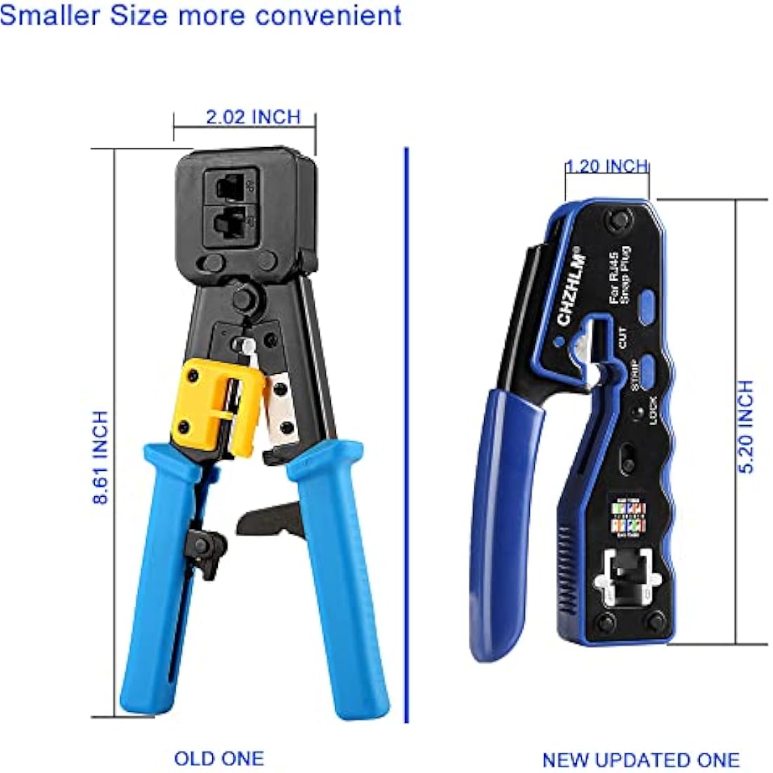 CHZHLM RJ45 Crimp Tool Kit All in One Pass Through Crimper Stripper Cutter for Cat5e Cat6 Cat6a Pass Through Connector with 50Pcs Connectors 50Pcs Covers Mini Stripper Pliers Tester