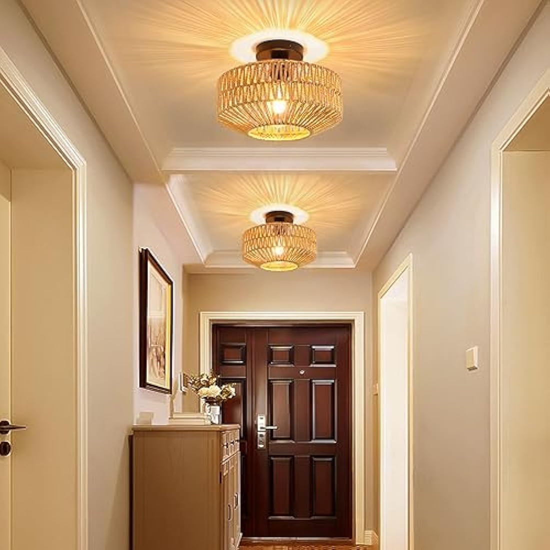 Schindora Boho Rattan Ceiling Lights,Vintage Chandeliers Ceiling Light E27 Rustic Braided Basket Lamp Shades Ceiling for Bedroom Living Room Kitchen Dining Hallway,Without Bulb