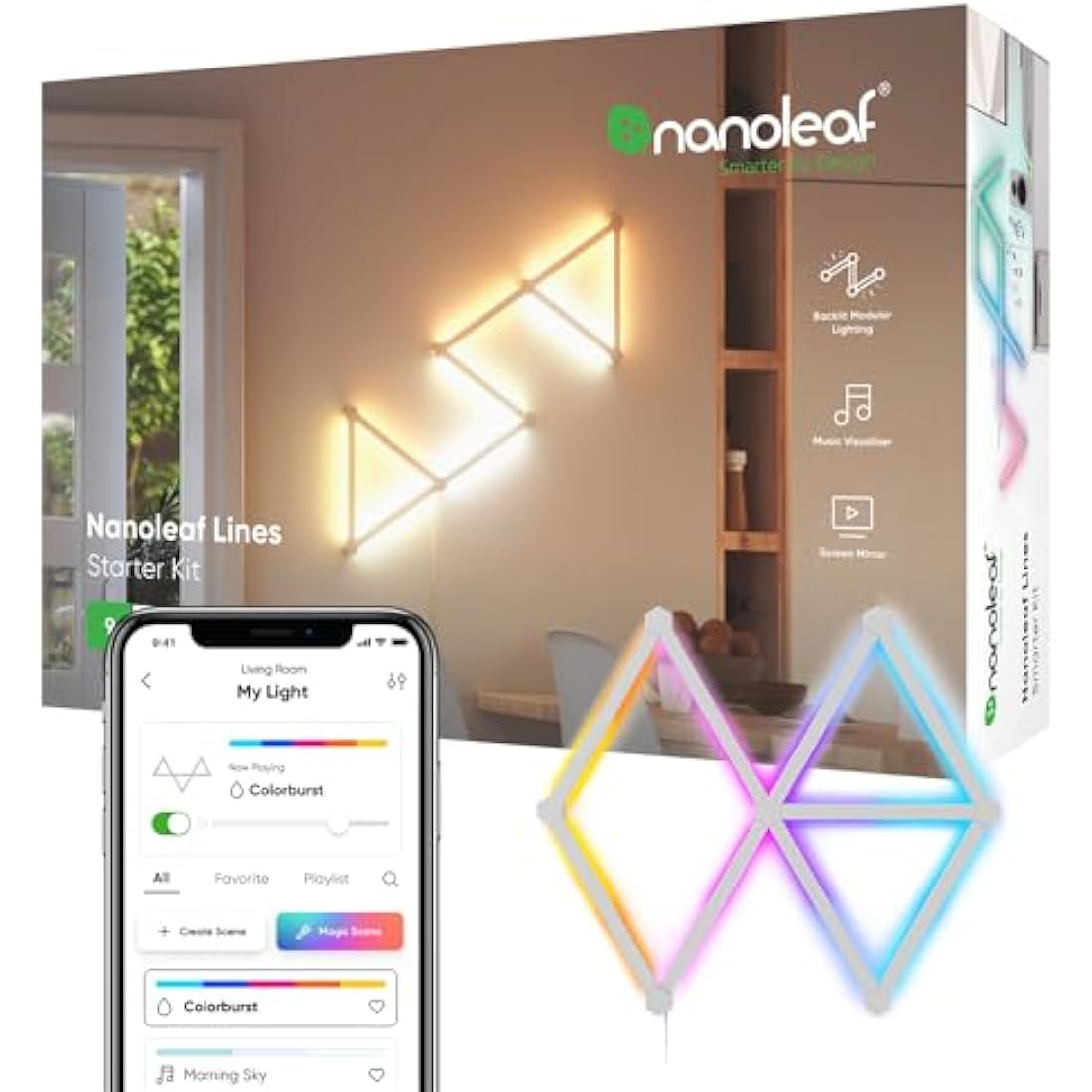Nanoleaf Lines 60 Degrees Starter Kit, 9 Smart Light Bars LED RGBW - Backlit Modular Wi-Fi Colour Changing Wall Lights, Music & Screen Sync, Works with Alexa Google Assistant Apple Homekit, Room Decor