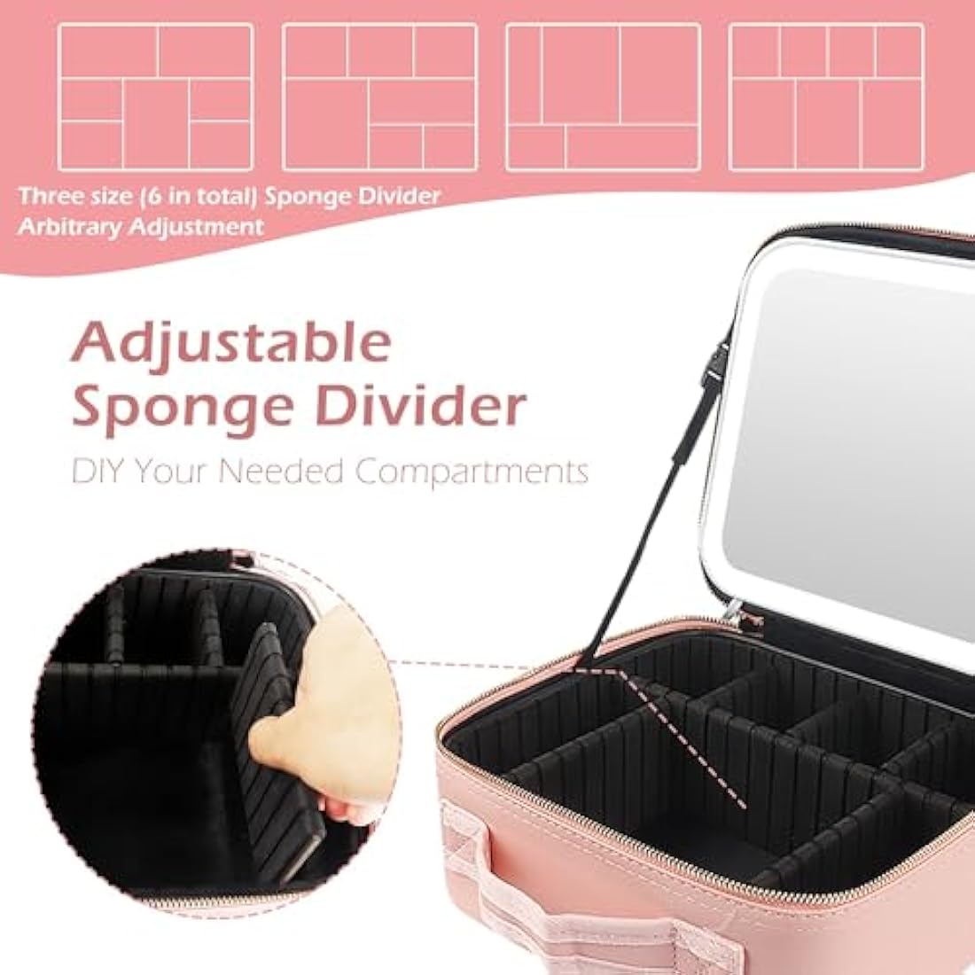 MOMIRA Travel Makeup Bag Cosmetic Bag Makeup Organizer Bag with Lighted Mirror, Adjustable Brightness in 3 Color Scenarios, Waterproof Makeup Train Case, Gift for Women - Pink