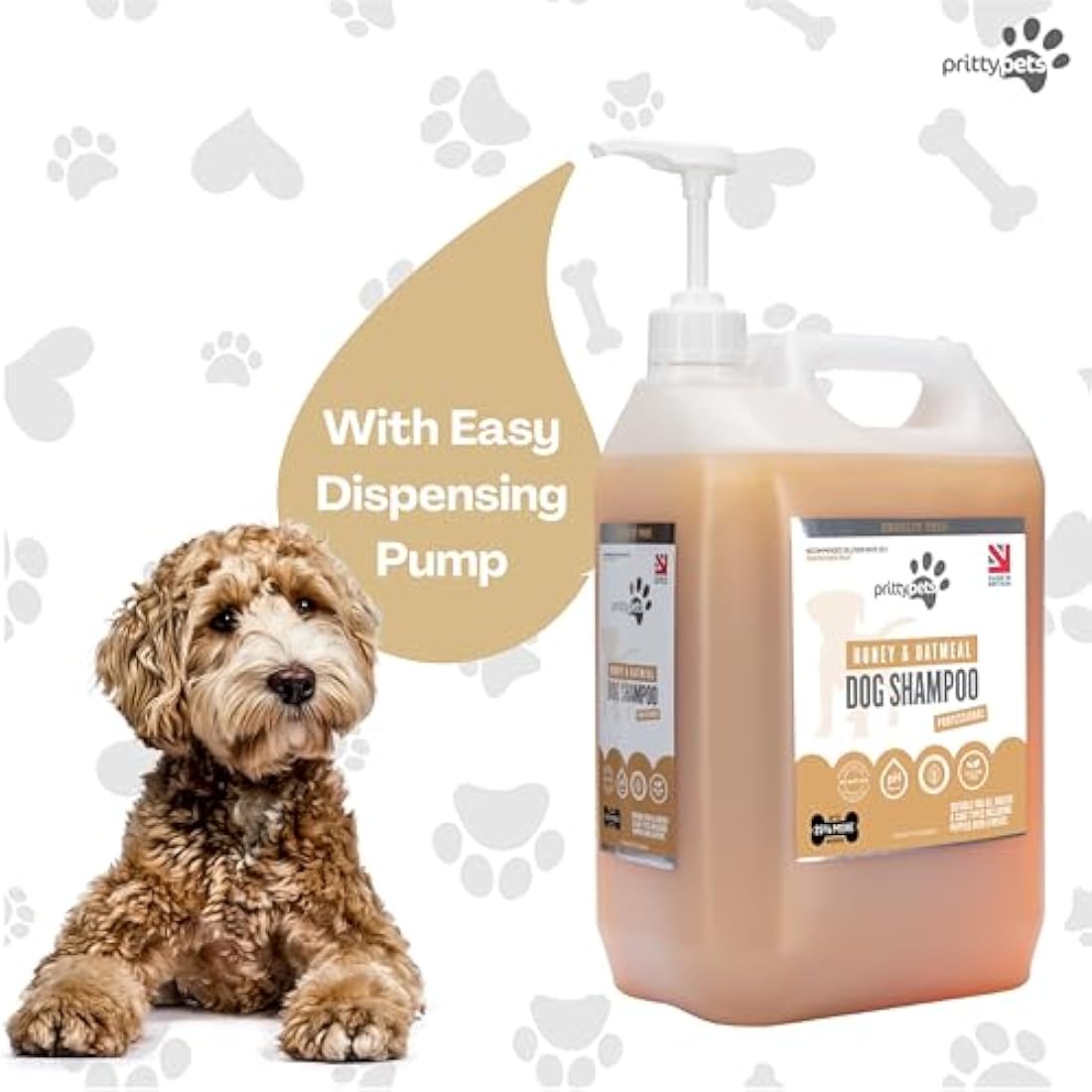 Oatmeal Dog Shampoo PRITTY PETS 5 LITRE Oatmeal Shampoo for Dogs - Professional PH Balanced, Cruelty Free, Silicone & Paraban Free, Puppy Friendly Dog Grooming Shampoo - Made in the UK (5L with Pump)
