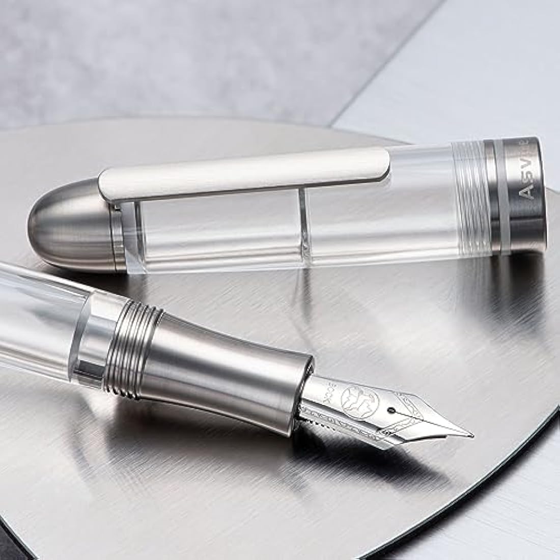 Asvine P36 Titanium Fountain Pen Piston Filling, Bock Fine Nib Clear Transparent Acrylic Smooth Writing Pen Case Set, Torpedo shape