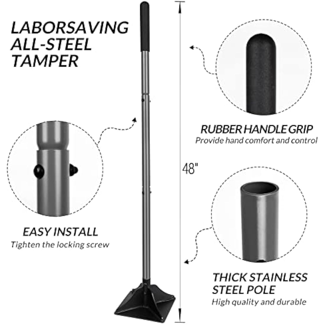 Walensee Steel Tamper with 122 cm Handle 20x20cm Garden Rubber Grip for Laborsaving All-Steel Heavy Duty Ideal Tool Leveling Ground Installing pavers and Repairing Blacktop