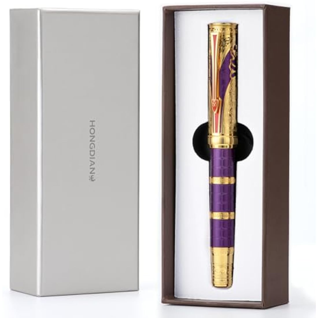 HONG DIAN Hongdian D5 Qin Dynasty Fountain Pen Purple Gold, Extra Fine Nib, Piston Filling, Retro Chinese Totem Engraving, Pen Box Set